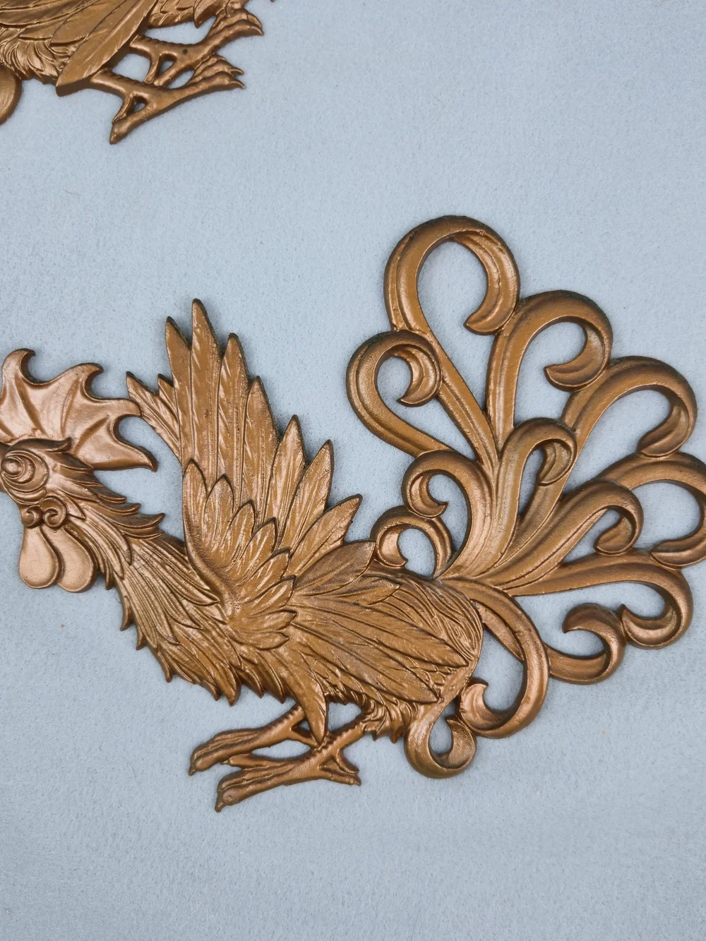 Vintage Copper Tone Metal Rooster Wall Plaques Pair MCM Farmhouse Decor